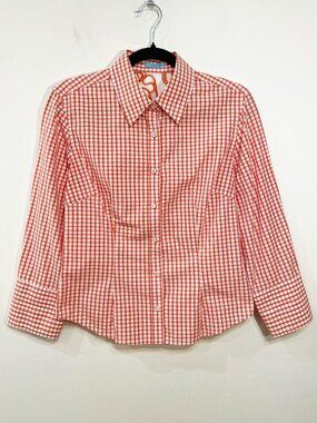 EUC J.McLaughlin 100% Cotton Gingham Shirt Orange White 6, Small